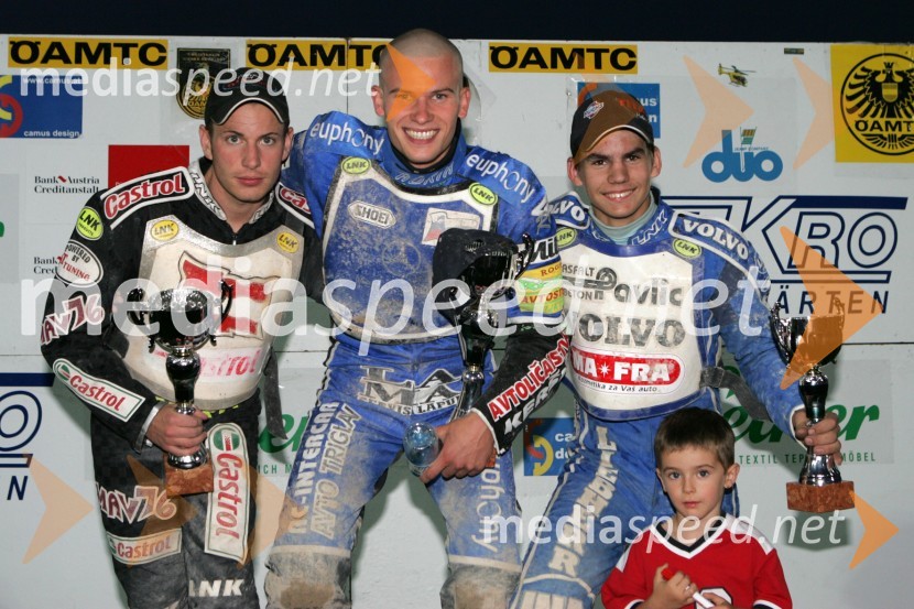 Manuel Hauzinger, Avstrija; Matej Žagar, AMTK Ljubljana in Jurica Pavlic, SK Unia Goričan HrvaškaSPEEDWAY, 3. dirka DP posameznikov Slovenije, Avstrije in Hrvaške