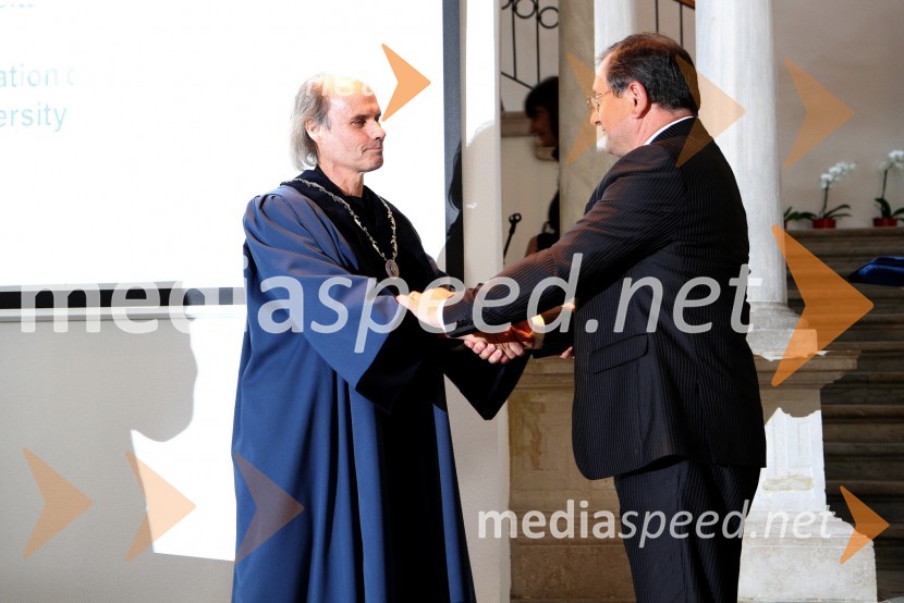 Prof. dr. Dragan Marušič, rektor Univerze na Primorskem in prof. dr. Rado Bohinc, bivši rektor Univerze na PrimorskemInavguracija novega rektorja Univerze na Primorskem