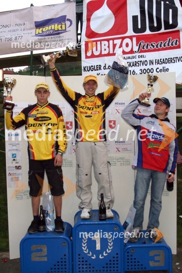 Zmagovalci dirke - člani do 125 ccm: Matevž Irt, Klemen Gerčar (oba AMD Sitar Dunlop) in Toni Mulec (MK Slovenj Gradec)MOTOKROS, 7. dirka za DP, Slovenske Konjice