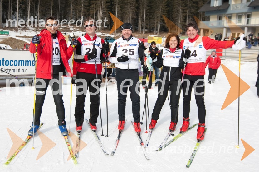 Aleksander Vrtač, Avtohiša Vrtač, Matej Slapar, Slapar Ro&sa d.o.o. Tržič, Dominik Ovniček, Elektro Gorenjska d.d., Janja Sajovic, zobozdravnica in Borut Sajovic, župan občine Tržič20. smučarski tek gospodarstvenikov, diplomatov in politikov