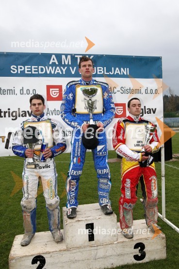 Jurica Pavlic (SK Unia, HR), 2. mesto, Matej Žagar (AMTK Ljubljana), 1. mesto in Matic Ivačič (AMD Krško), 3. mestoSpeedway Državno prvenstvo posameznikov Slovenije in Hrvaške - 1. dirka