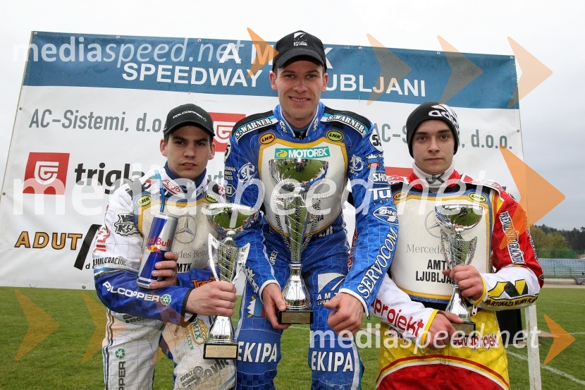 Jurica Pavlic (SK Unia, HR), 2. mesto, Matej Žagar (AMTK Ljubljana), 1. mesto in Matic Ivačič (AMD Krško), 3. mestoSpeedway Državno prvenstvo posameznikov Slovenije in Hrvaške - 1. dirka