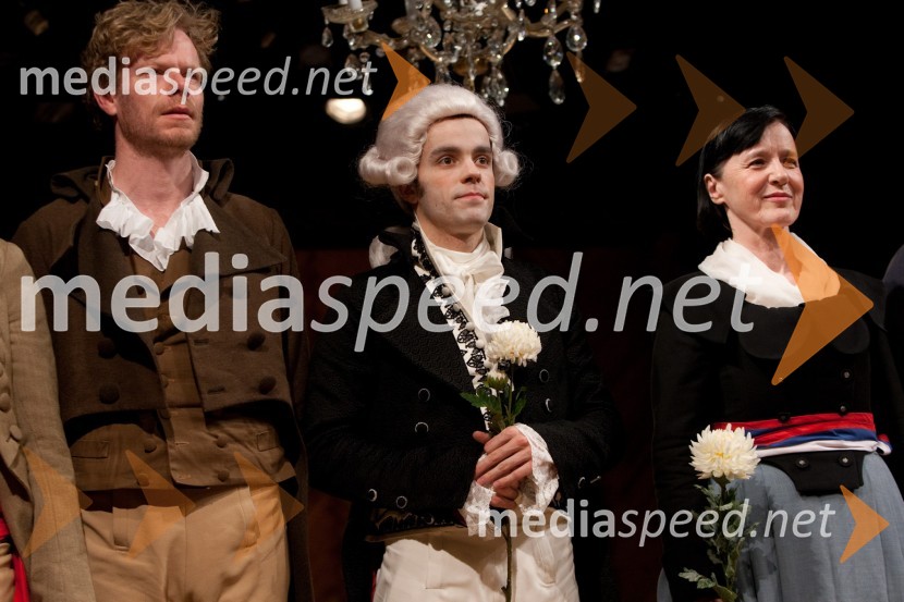 Matija Vastl, igralec, Blaž Šef, igralec in Marinka Štern, igralkaPremiera predstave Dantonova smrt, Slovensko mladinsko gledališče