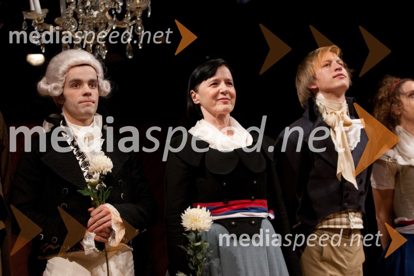 Blaž Šef, igralec, Marinka Štern, igralka in Uroš Kaurin, igralecPremiera predstave Dantonova smrt, Slovensko mladinsko gledališče