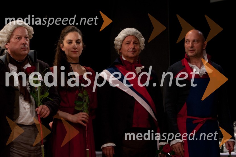 Ivan Godnič, igralec, Daša Doberšek, igralka, Željko Hrs, igralec in Dario Varga, igralecPremiera predstave Dantonova smrt, Slovensko mladinsko gledališče