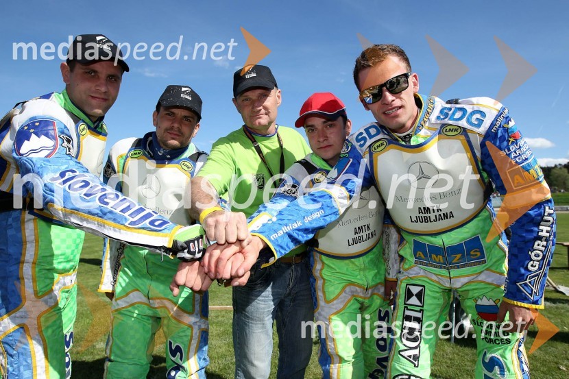 Maks Gregorič (AMTK Ljubljana), Franci Kalin, AMTK Ljubljana, trener in selektor slovenske reprezentance, Matej Žagar (AMTK Ljubljana), Matic Ivačič (AMD Krško), Matic Voldrih (AMTK Ljubljana)Speedway World Cup 2012, kvalifikacije, 2. dirka