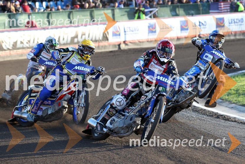 Vaclav Milik (Češka), Bjarne Pedersen (Danska), Greg Hancock (ZDA) v ospredju in Nicki Pedersen (Danska)Speedway, Grand Prix 2012, VN Češke, dirka