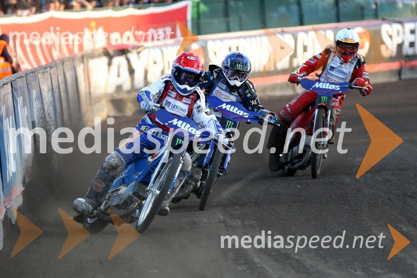 Nicki Pedersen (Danska), Greg Hancock (ZDA) in Andreas Jonsson (Švedska)Speedway, Grand Prix 2012, VN Češke, dirka