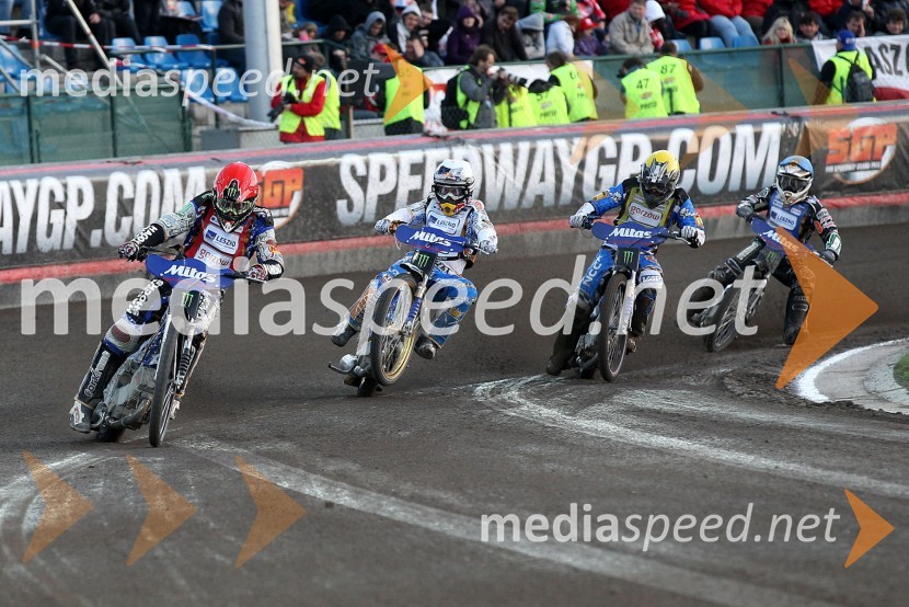 Chris Holder (Avstralija), 	Fredrik Lindgren (Švedska), Chris Holder (Avstralija), Josef Franc (Češka) in Emil Sayfutdinov (Rusija)Speedway, Grand Prix 2012, VN Češke, dirka