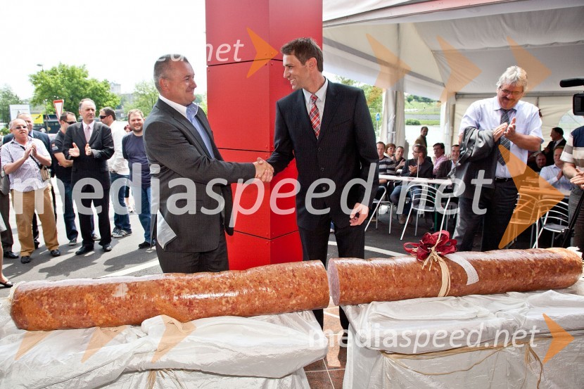 Franc Kangler, župan MOM, Jure Bojnec, predsednik uprave Košaki TMIKošaki, otvoritev novega mesnopredelovalnega centra