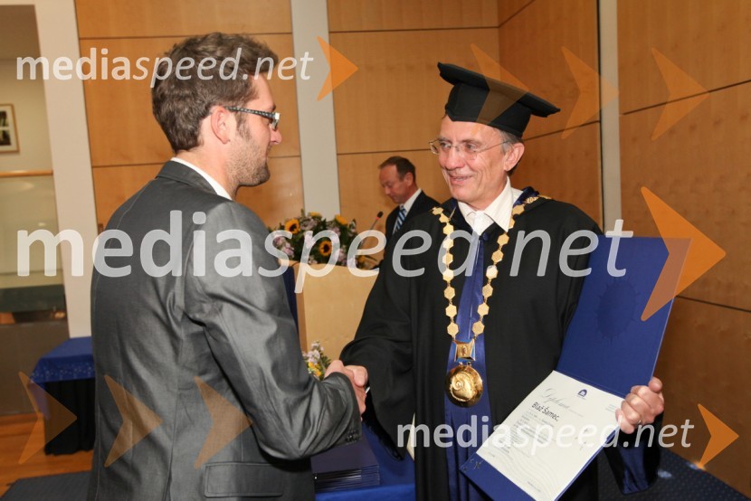 Dr. Blaž Šamec, Fakulteta za strojništvo UM in prof. dr. Danijel Rebolj, rektor Univerze v MariboruUniverza v Mariboru, promocija doktorjev znanosti