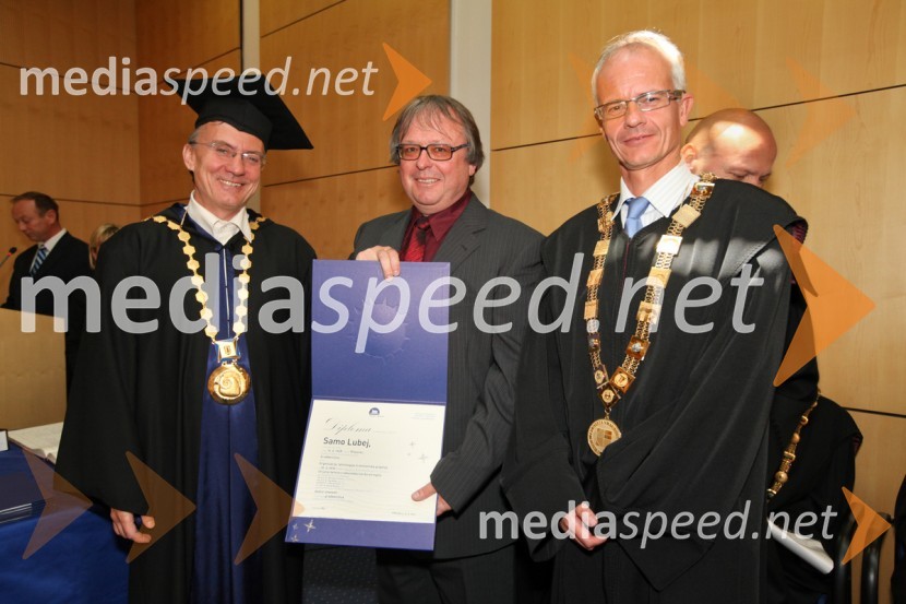 Prof. dr. Danijel Rebolj, rektor Univerze v Mariboru, dr. Samo Lubej, Fakulteta za gradbeništvo UM in prof. dr. Miroslav Premrov, Fakulteta za gradbeništvo UMUniverza v Mariboru, promocija doktorjev znanosti