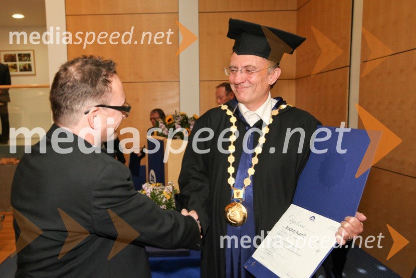 Dr. Andrej Ivanič, Fakulteta za gradbeništvo UM in prof. dr. Danijel Rebolj, rektor Univerze v MariboruUniverza v Mariboru, promocija doktorjev znanosti