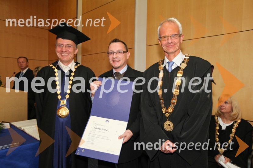 	Prof. dr. Danijel Rebolj, rektor Univerze v Mariboru, dr. Andrej Ivanič, Fakulteta za gradbeništvo UM in prof. dr. Miroslav Premrov, Fakulteta za gradbeništvo UMUniverza v Mariboru, promocija doktorjev znanosti