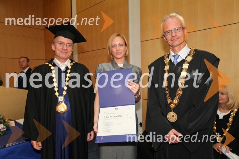 Prof. dr. Danijel Rebolj, rektor Univerze v Mariboru, dr. Erika Kozem Šilih, Fakulteta za gradbeništvo UM in prof. dr. Miroslav Premrov, Fakulteta za gradbeništvo UMUniverza v Mariboru, promocija doktorjev znanosti
