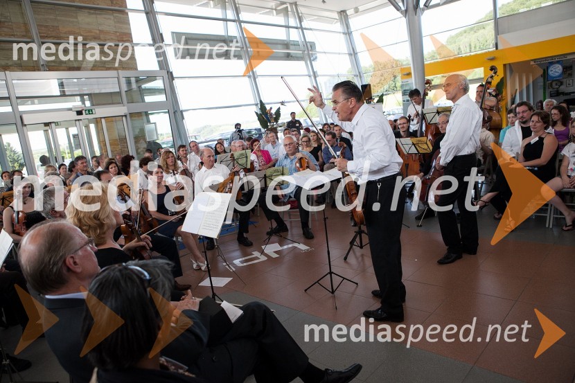 Miha Pogačnik, violinist in Kulturni ambasador Republike Slovenije, Franc Avsenek, dirigent Camerata Labacensis, orkester Camerata Labacensis in obiskovalciTerra Parzival se prebuja