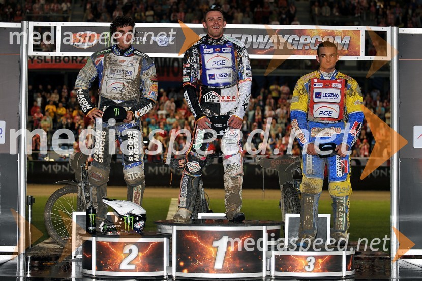Chris Holder (Avs), 2. mesto, Martin Vaculik (Slk), zmagovalec dirke in  Bartosz Zmarzlik (Pol), 3. mestoSpeedway, Grand Prix 2012, VN Poljske