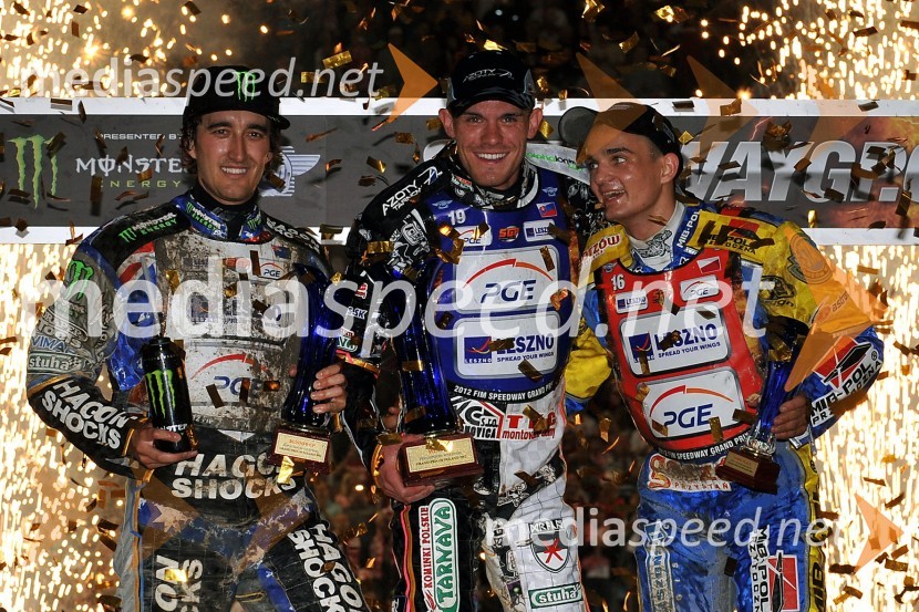 Chris Holder (Avs), 2. mesto, Martin Vaculik (Slk), zmagovalec dirke in  Bartosz Zmarzlik (Pol), 3. mestoSpeedway, Grand Prix 2012, VN Poljske