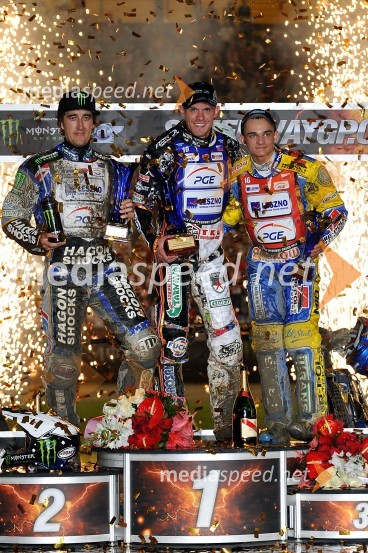 Chris Holder (Avs), 2. mesto, Martin Vaculik (Slk), zmagovalec dirke in  Bartosz Zmarzlik (Pol), 3. mestoSpeedway, Grand Prix 2012, VN Poljske