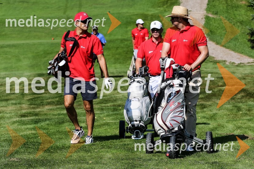 Matjaž Rakovec, predsednik uprave Zavarovalnice Triglav, Gregor Benčina, predsednik upravnega odbora družbe Jelovica in Blaž Pesjak, predsednik uprave Merkur2. dobrodelni golf turnir Anžeta Kopitarja