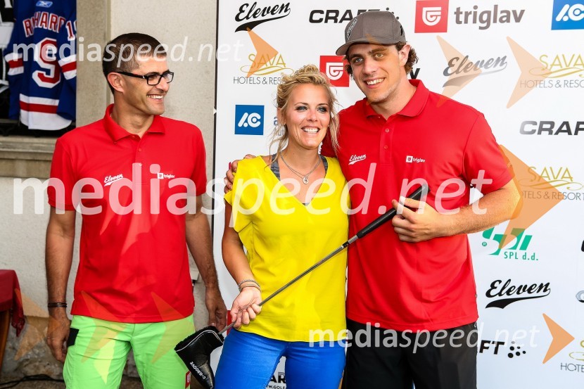 Matjaž Rakovec, predsednik uprave Zavarovalnice Triglav, Kelly Williams, žena Justina Williamsa in Anže Kopitar, hokejist2. dobrodelni golf turnir Anžeta Kopitarja