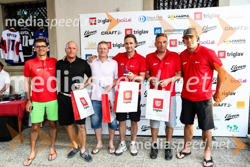 Matjaž Rakovec, predsednik uprave Zavarovalnice Triglav, Marko Štirn, idejni vodja projekta Golf igrišča Diners Club Ljubljana, Igor Magdič, direktor Term Lendava, Dejan Košir, deskar na snegu, Gašper Bolhar, novinar in Anže Kopitar, hokejist2. dobrodelni golf turnir Anžeta Kopitarja