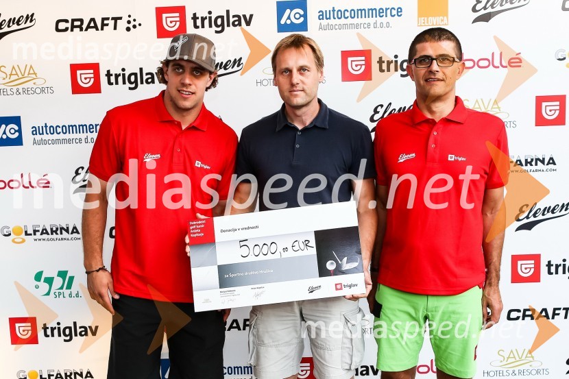 Anže Kopitar, hokejist, Matej Eržen, Kulturno športno društvo Hrušica in Matjaž Rakovec, predsednik uprave Zavarovalnice Triglav2. dobrodelni golf turnir Anžeta Kopitarja