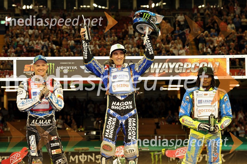 Krzysztof Kasprzak (Poljska), Chris Holder (Avstralija) in Antonio Lindbäck (Švedska)Speedway, SGP 2012, VN Velike Britanije
