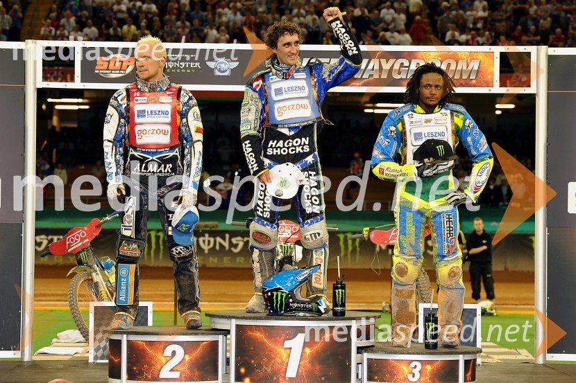 Krzysztof Kasprzak (Poljska), Chris Holder (Avstralija) in Antonio Lindbäck (Švedska)Speedway, SGP 2012, VN Velike Britanije