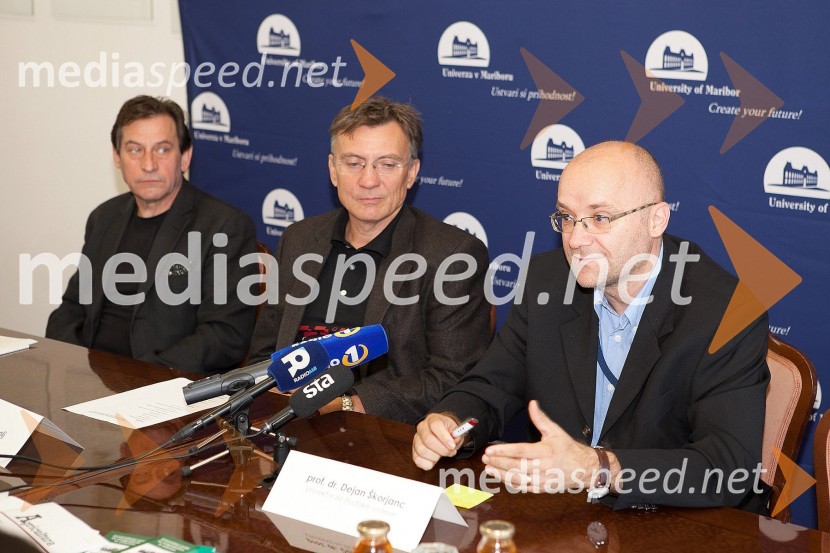 Teodor Lorenčič, predstojnik centra za promocijo UM, prof. dr. Danijel Rebolj, rektor Univerze v Mariboru in prof. dr. Dejan Škorjanc, prorektor za študijsko dejavnost Univerze v MariboruUniverza v Mariboru, novinarska konferenca pred dogodkom Dan Univerze v Mariboru 2012