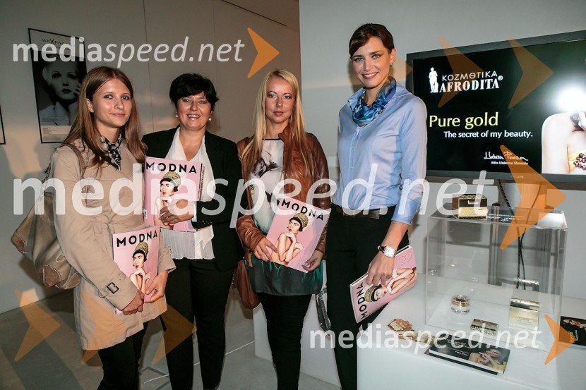 Nastja Egartner, Kozmetika Afrodita, Judita Železnik, tržno komuniciranje Kozmetike Afrodita, Mišela Firšt Vučenović, Kozmetika Afrodita, Nataša Pinoza, manekenka in obraz kozmetike AfroditaPraznovanje 18. letnice in predstavitev prenovljene revije Modne