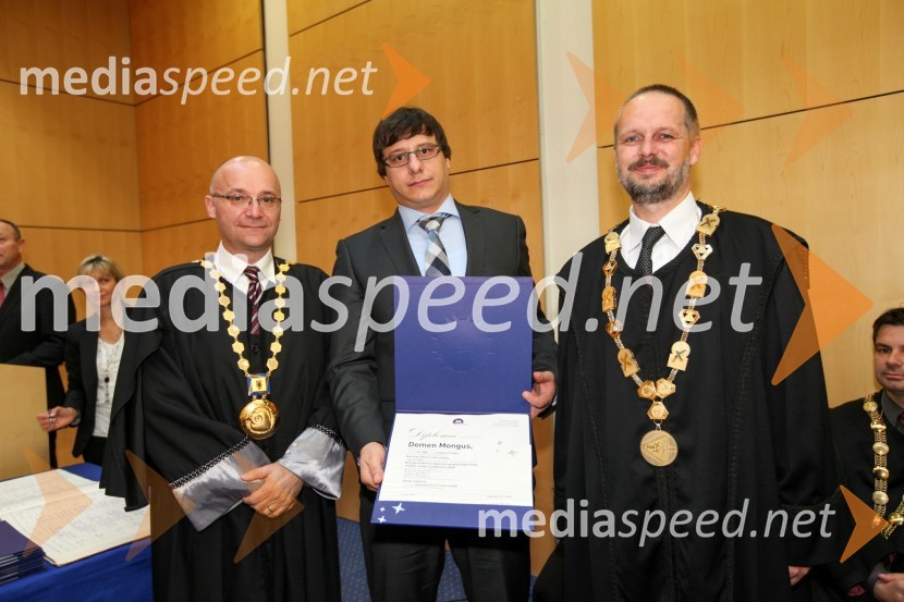 Prof. dr. Dejan Škorjanc, prorektor za študijsko dejavnost Univerze v Mariboru, dr. Domen Mongus, Fakulteta za elektrotehniko, računalništvo in informatiko Univerze v Mariboru in informatiko Univerze v Mariboru ter prof. dr. Borut Žalik, dekan Fakultete za elektrotehniko, računalništvo in informatiko Univerze v Mariboru
 
Univerza v Mariboru, Promocija doktorjev znanosti