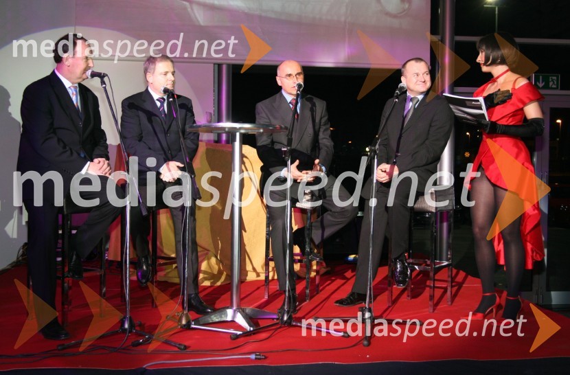 ..., ..., Andrej Hajdinjak, direktor Porsche Maribor, Franc Kangler, mariborski županTina Gorenjak, igralkaPorsche Maribor, otvoritev salona vozil Audi