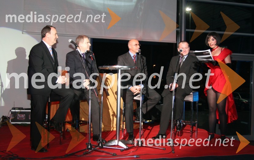 ..., ..., Andrej Hajdinjak, direktor Porsche Maribor, Franc Kangler, mariborski županTina Gorenjak, igralkaPorsche Maribor, otvoritev salona vozil Audi