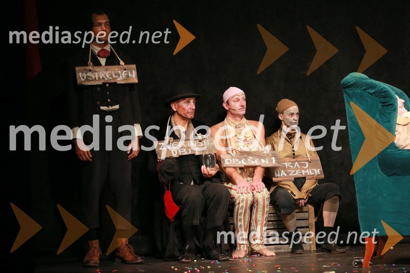Jose, igralec in raper, Radoš Bolčina, igralec in Blaž Valič, igralec in Vesna Vončina, igralkaPrešernovo gledališče Kranj, premiera predstave Rokovnjači