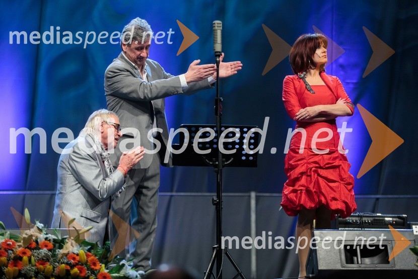 Tone Fornezzi Tof, novinar; Roman Končar; Simona VodopivecKoncert ob 60 letnici delovanja ansambla Avsenik
