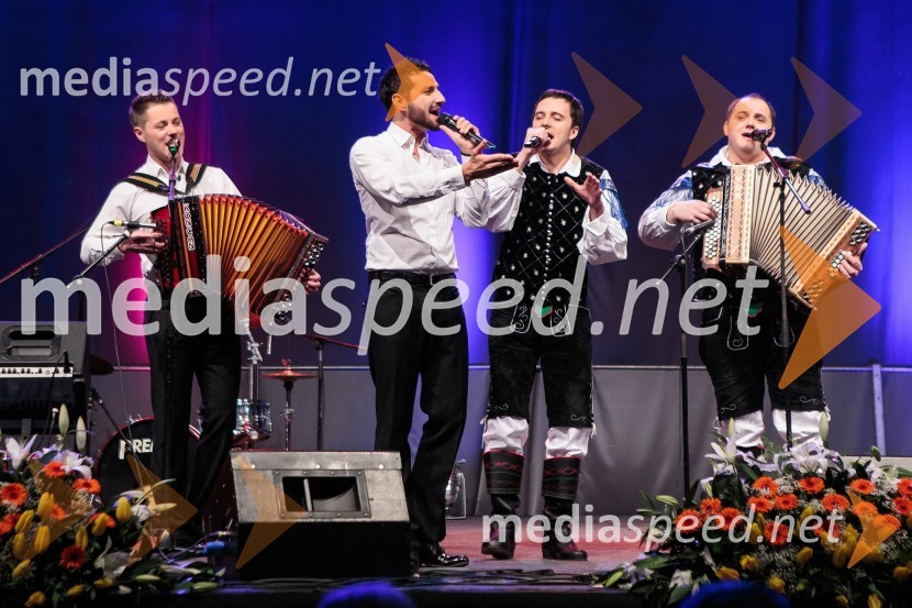 Matjaž Končan, skupina Čuki; Jernej Tozon, skupina Čuki; Blaž Švab, član skupine Modrijani; Rok Švab, član skupine ModrijaniKoncert ob 60 letnici delovanja ansambla Avsenik