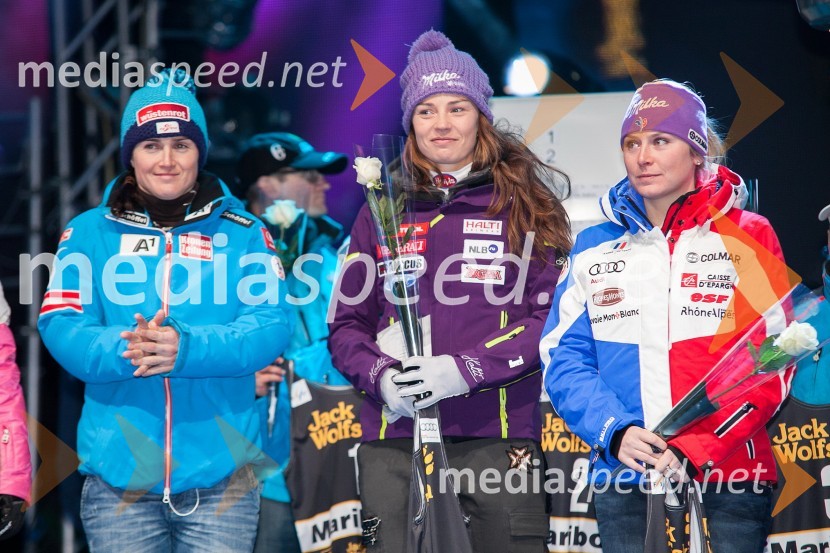 Elisabeth Görgl, smučarka (Avstrija); Tina Maze, smučarka; Tessa Worley, smučarka (Francija)49. Zlata lisica 2012, žrebanje štartnih številk za veleslalom ter koncert skupine Soul Fingers