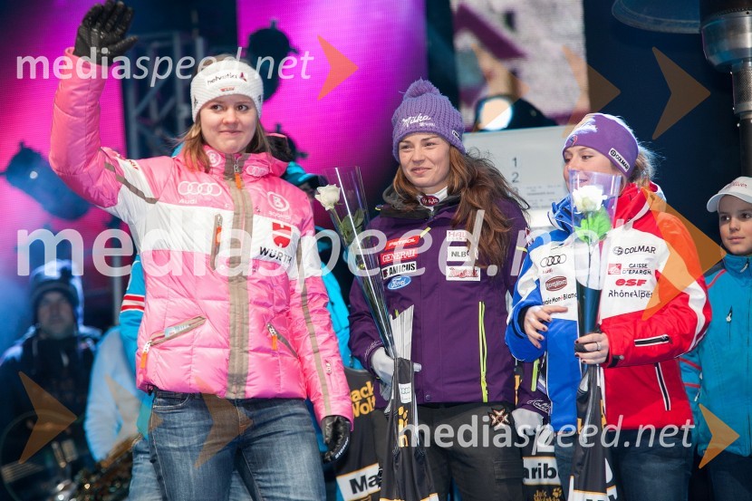 Viktoria Rebensburg, smučarka (Nemčija); Tina Maze, smučarka; Tessa Worley, smučarka (Francija)49. Zlata lisica 2012, žrebanje štartnih številk za veleslalom ter koncert skupine Soul Fingers