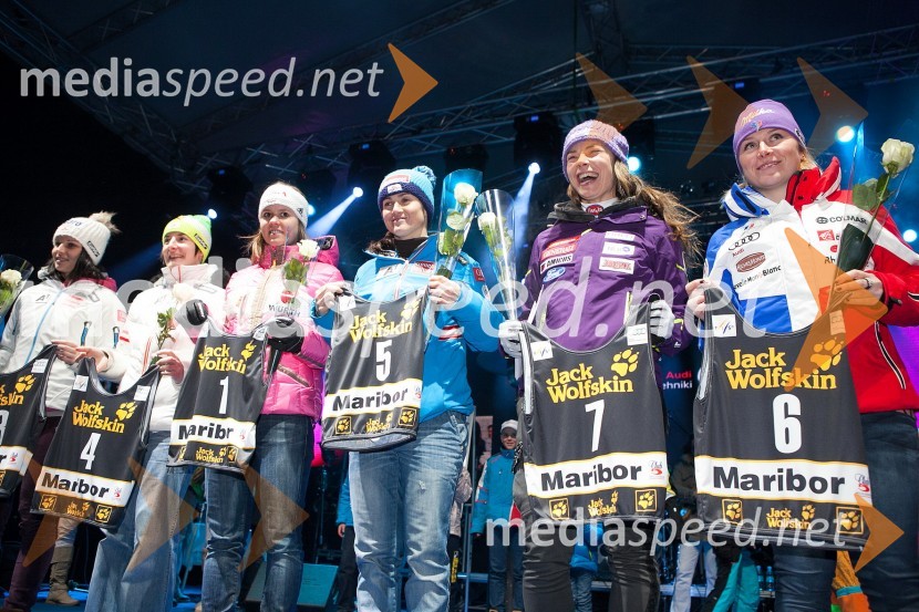 Stefanie Koehle, smučarka (Avstrija); Kathrin Zettel, smučarka (Avstrija); Viktoria Rebensburg, smučarka (Nemčija); Elisabeth Görgl, smučarka (Avstrija); Tina Maze, smučarka; Tessa Worley, smučarka (Francija)49. Zlata lisica 2012, žrebanje štartnih številk za veleslalom ter koncert skupine Soul Fingers