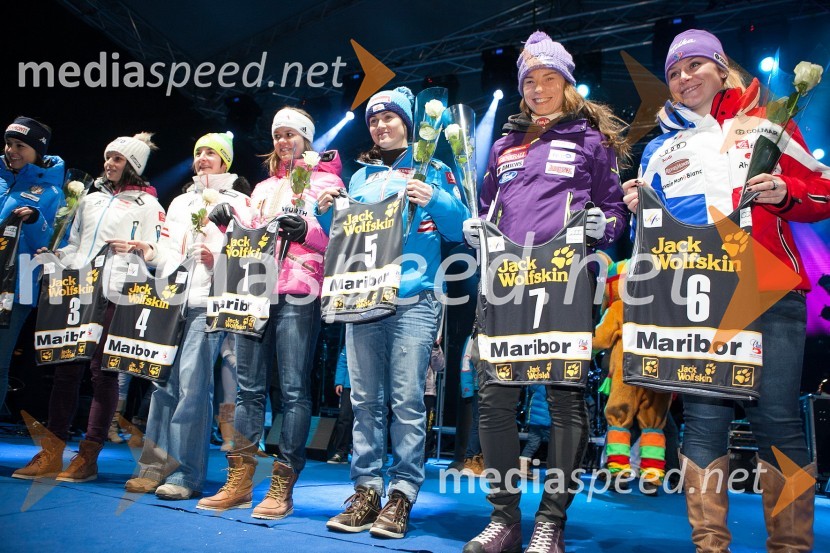 Stefanie Koehle, smučarka (Avstrija); Kathrin Zettel, smučarka (Avstrija); Viktoria Rebensburg, smučarka (Nemčija); Elisabeth Görgl, smučarka (Avstrija); Tina Maze, smučarka; Tessa Worley, smučarka (Francija)49. Zlata lisica 2012, žrebanje štartnih številk za veleslalom ter koncert skupine Soul Fingers