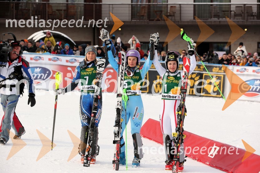 Frida Hansdotter, smučarka (Švedska); Tina Maze, smučarka (SLO); Kathrin Zettel, smučarka (Avstrija)49. Zlata lisica 2012, slalom in druženje v VIP prostoru