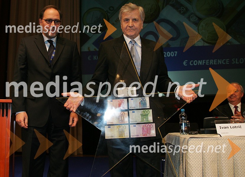 Mitja Gaspari, guverner Banke Slovenije, Jean-Claude Trichet, predsednik Evropske Centralne Banke 
 
Evro konferenca ob uvedbi evra v Sloveniji