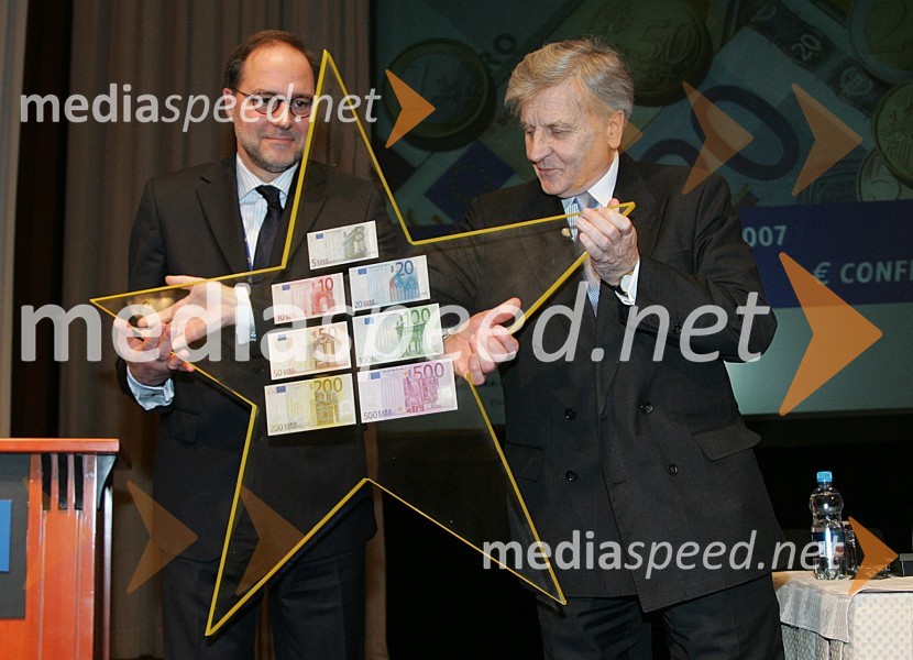 Mitja Gaspari, guverner Banke Slovenije, Jean-Claude Trichet, predsednik Evropske Centralne Banke 
 
Evro konferenca ob uvedbi evra v Sloveniji