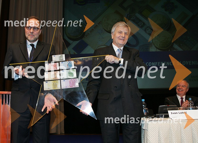 Mitja Gaspari, guverner Banke Slovenije, Jean-Claude Trichet, predsednik Evropske Centralne Banke 
 
Evro konferenca ob uvedbi evra v Sloveniji