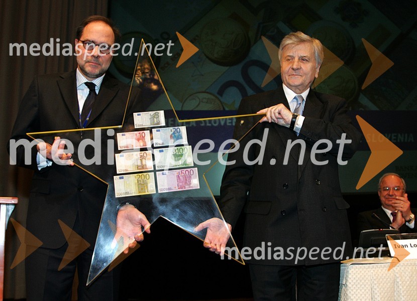 Mitja Gaspari, guverner Banke Slovenije, Jean-Claude Trichet, predsednik Evropske Centralne Banke 
 
Evro konferenca ob uvedbi evra v Sloveniji
