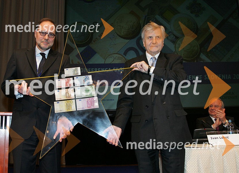 Mitja Gaspari, guverner Banke Slovenije, Jean-Claude Trichet, predsednik Evropske Centralne Banke 
 
Evro konferenca ob uvedbi evra v Sloveniji