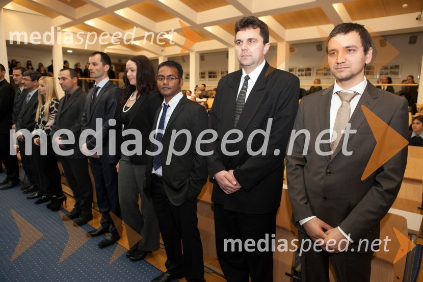Dr. Miha Munda, Medicinska fakulteta UM; dr. Mohsen Hussein; Medicinska fakulteta UM; dr. Lidija Kocbek, Medicinska fakulteta UM; dr. Janez Šimenc, Medicinska fakulteta UM; dr. David Greif, Fakulteta za strojništvo UM; dr. Heike Marlene Anna Ehmann, Fakulteta za strojništvo UM; dr. Tamilselvan Mohan, Fakulteta za strojništvo UM; dr. Evgen Torhač, Fakulteta za kemijo in kemijsko tehnologijo UM; dr. Mihael Kasaš,&nbsp; Fakulteta za kemijo in kemijsko tehnologijo UMUniverza v Mariboru, promocija doktorjev znanosti, marec 2013