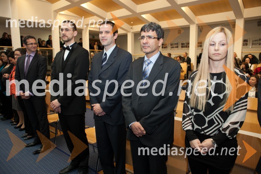 Dr. Andraž Stožer, Medicinska fakulteta UM; dr. Miha Munda, Medicinska fakulteta UM; dr. Mohsen Hussein; Medicinska fakulteta UM; dr. Lidija Kocbek, Medicinska fakulteta UMUniverza v Mariboru, promocija doktorjev znanosti, marec 2013