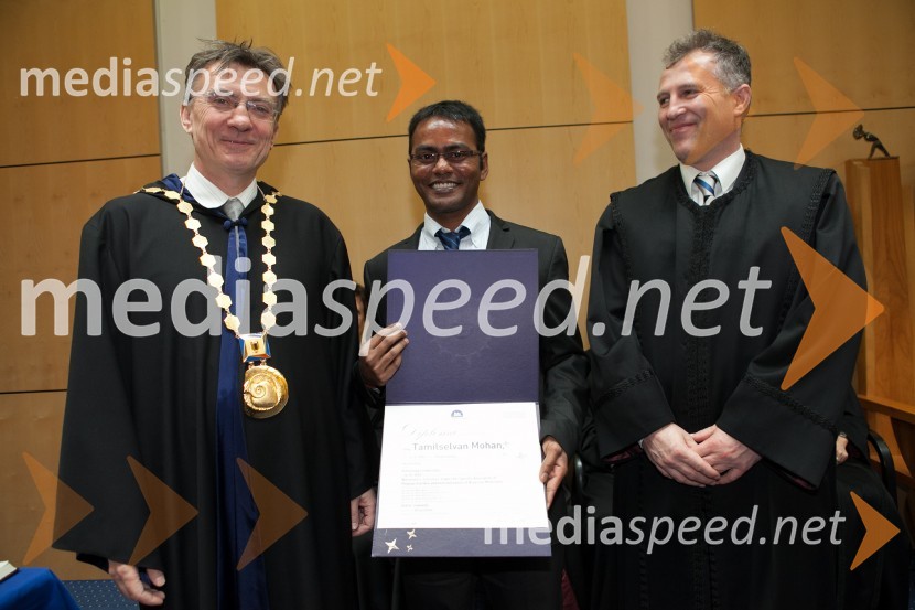 Prof. dr. Danijel Rebolj, rektor Univerze v Mariboru; dr. Tamilselvan Mohan, Fakulteta za strojništvo UM; ...Univerza v Mariboru, promocija doktorjev znanosti, marec 2013